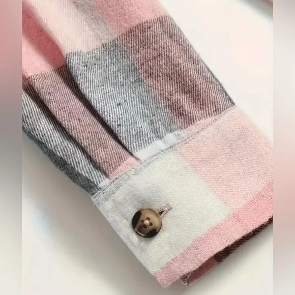 Pink Gray Plaid Button Down Flannel Shirt - Picture 4 of 7